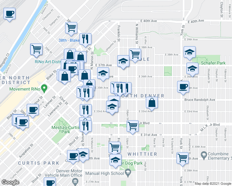 map of restaurants, bars, coffee shops, grocery stores, and more near 3417 Franklin Street in Denver