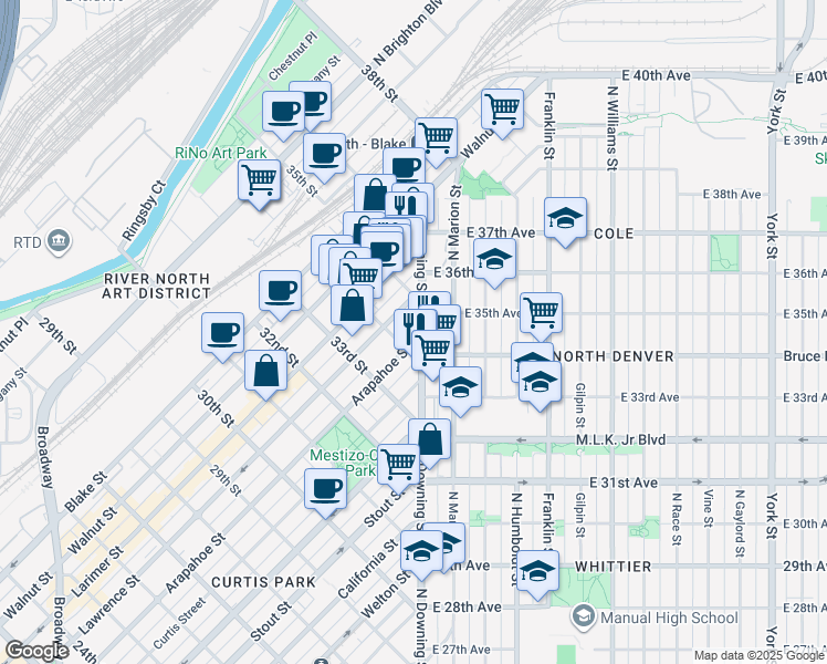 map of restaurants, bars, coffee shops, grocery stores, and more near 3420 North Downing Street in Denver