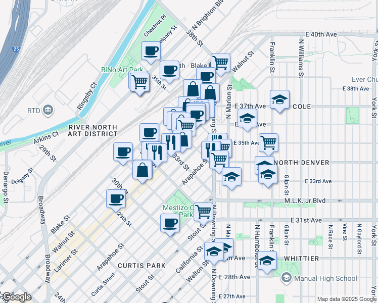 map of restaurants, bars, coffee shops, grocery stores, and more near 3301 Lawrence Street in Denver