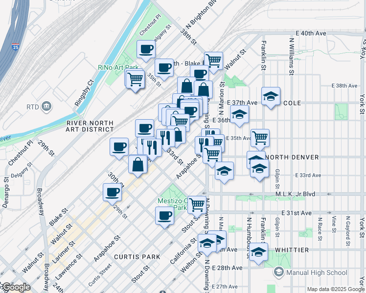 map of restaurants, bars, coffee shops, grocery stores, and more near 3301 Lawrence Street in Denver