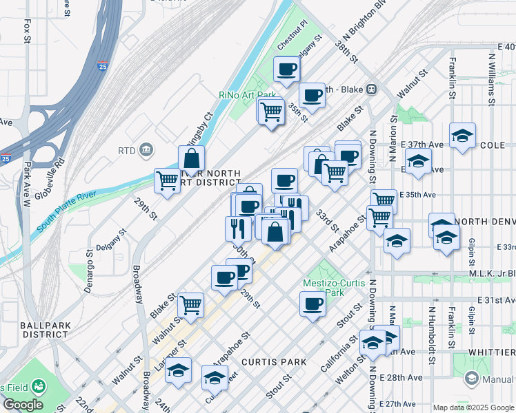 map of restaurants, bars, coffee shops, grocery stores, and more near in Denver
