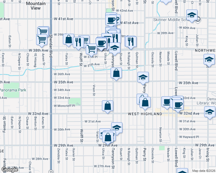 map of restaurants, bars, coffee shops, grocery stores, and more near 4501 West 34th Avenue in Denver