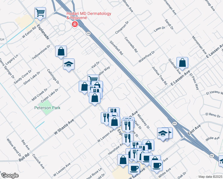 map of restaurants, bars, coffee shops, grocery stores, and more near 199 East Shasta Avenue in Chico