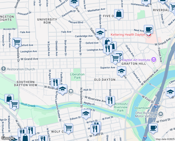 map of restaurants, bars, coffee shops, grocery stores, and more near 839 Easton Street in Dayton