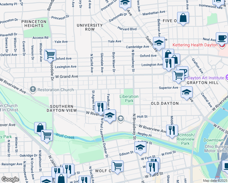 map of restaurants, bars, coffee shops, grocery stores, and more near 831 Ferguson Avenue in Dayton