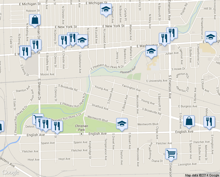 map of restaurants, bars, coffee shops, grocery stores, and more near 4547 Young Avenue in Indianapolis