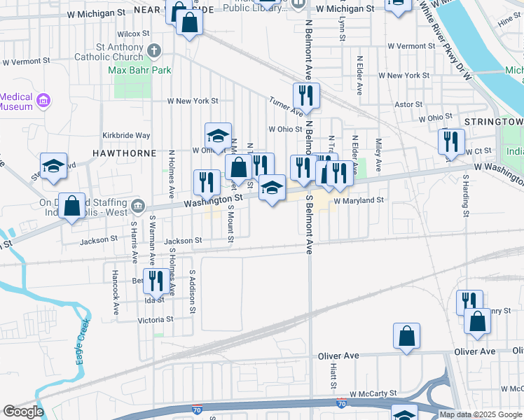 map of restaurants, bars, coffee shops, grocery stores, and more near 29 South Tremont Street in Indianapolis