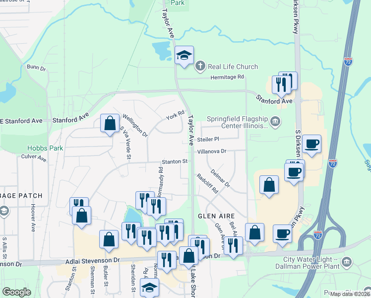 map of restaurants, bars, coffee shops, grocery stores, and more near 2821 Stanton Street in Springfield