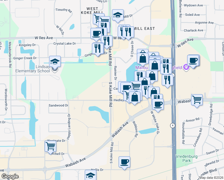 map of restaurants, bars, coffee shops, grocery stores, and more near 2384-2498 South Koke Mill Road in Springfield