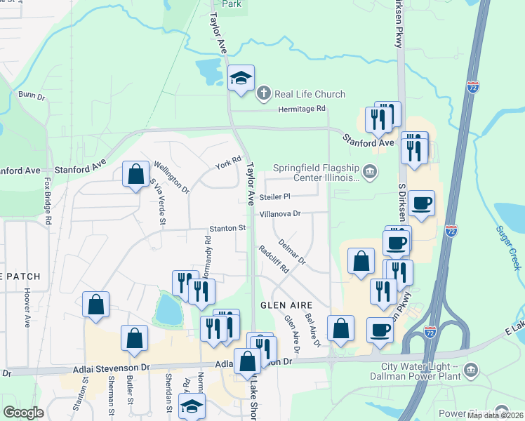 map of restaurants, bars, coffee shops, grocery stores, and more near 71 Villanova Drive in Springfield