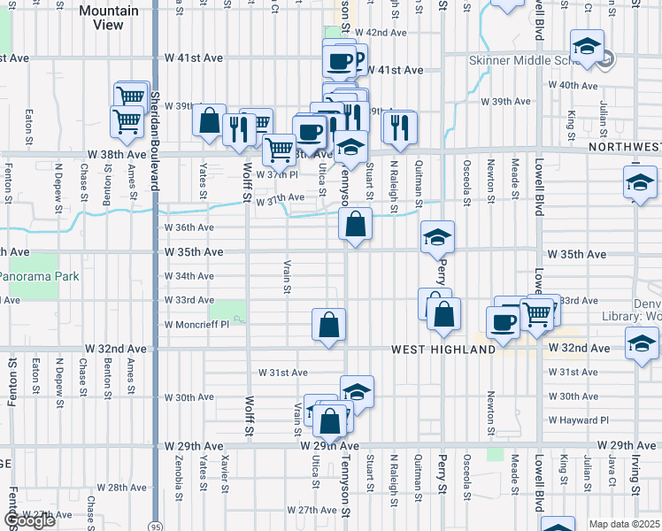 map of restaurants, bars, coffee shops, grocery stores, and more near 4501 West 34th Avenue in Denver