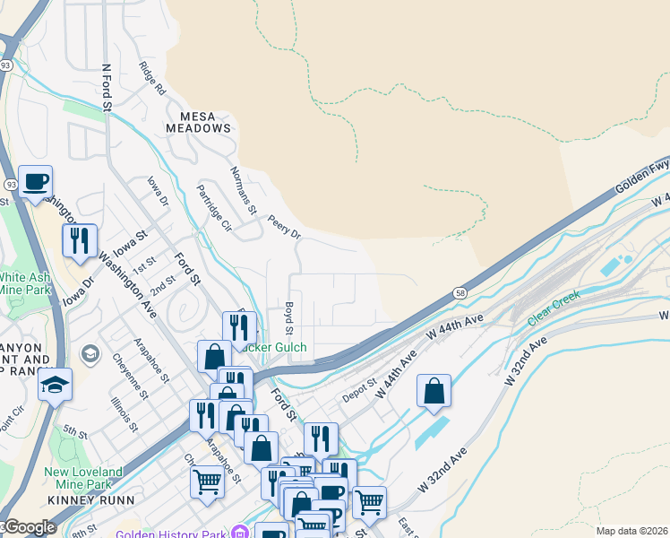 map of restaurants, bars, coffee shops, grocery stores, and more near 400 Plateau Parkway in Golden