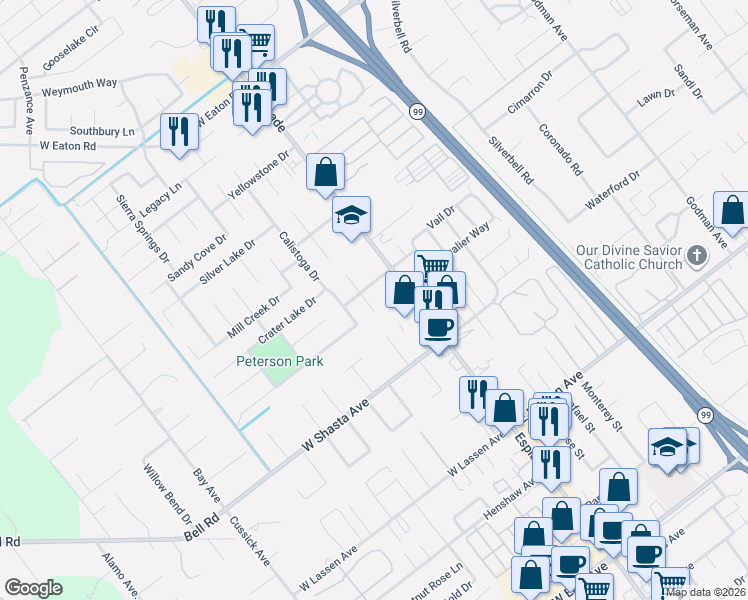 map of restaurants, bars, coffee shops, grocery stores, and more near 125 Emerald Lake Court in Chico