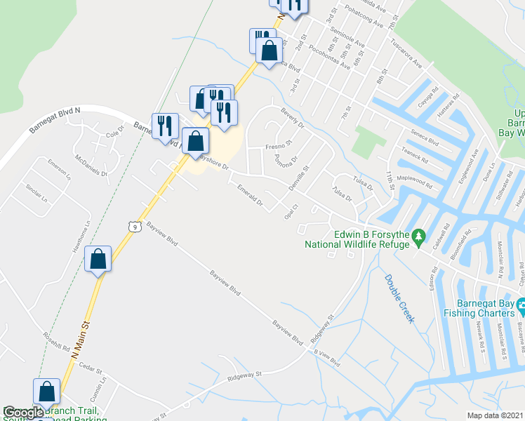 map of restaurants, bars, coffee shops, grocery stores, and more near 19B Emerald Drive in Barnegat Township