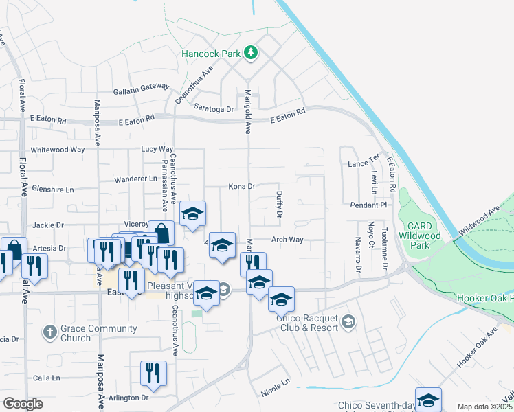 map of restaurants, bars, coffee shops, grocery stores, and more near 5 Marci Way in Chico