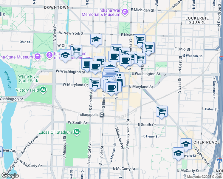 map of restaurants, bars, coffee shops, grocery stores, and more near 130 South Meridian Street in Indianapolis