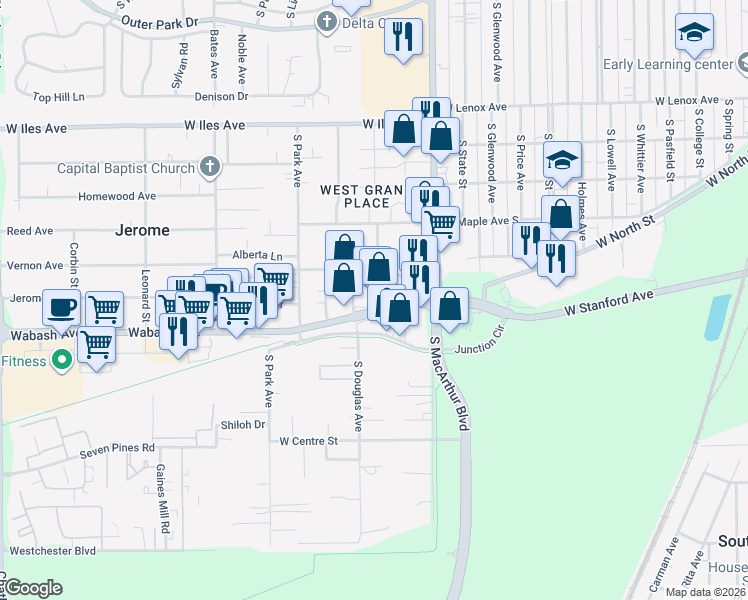 map of restaurants, bars, coffee shops, grocery stores, and more near 1101 Wabash Avenue in Springfield