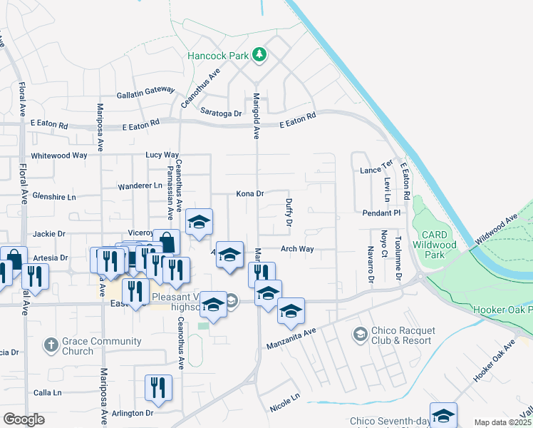 map of restaurants, bars, coffee shops, grocery stores, and more near 5 Marci Way in Chico