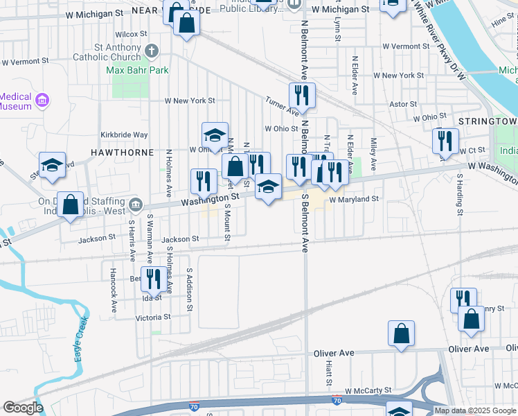 map of restaurants, bars, coffee shops, grocery stores, and more near 2215 West Washington Street in Indianapolis