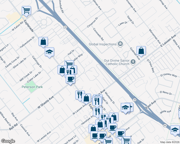 map of restaurants, bars, coffee shops, grocery stores, and more near 275 East Shasta Avenue in Chico