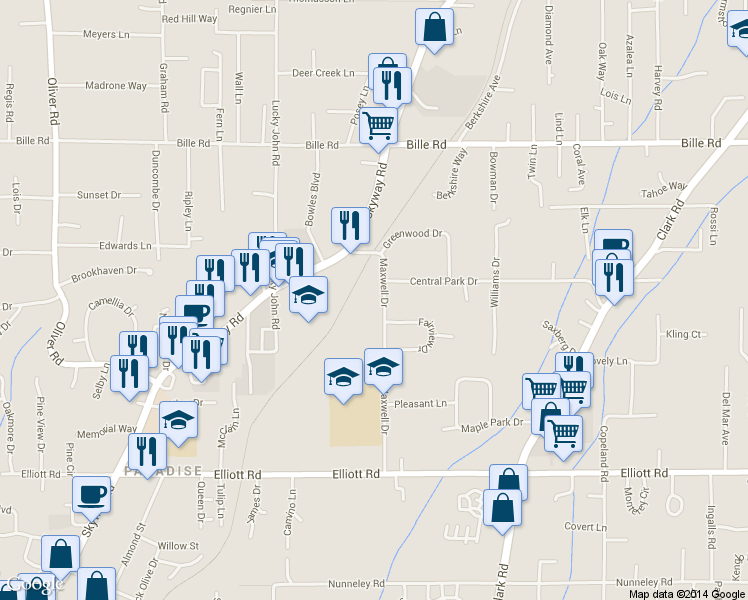 map of restaurants, bars, coffee shops, grocery stores, and more near 6035 Maxwell Drive in Paradise