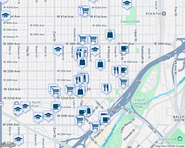 map of restaurants, bars, coffee shops, grocery stores, and more near 1830 West 35th Avenue in Denver