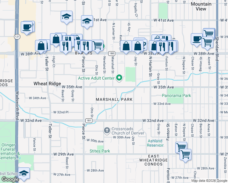 map of restaurants, bars, coffee shops, grocery stores, and more near in Wheat Ridge