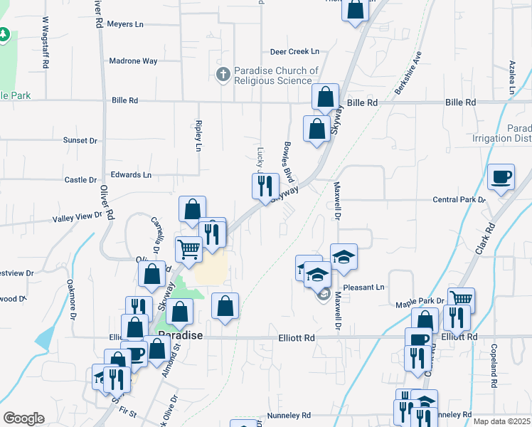 map of restaurants, bars, coffee shops, grocery stores, and more near 7126 Skyway in Paradise