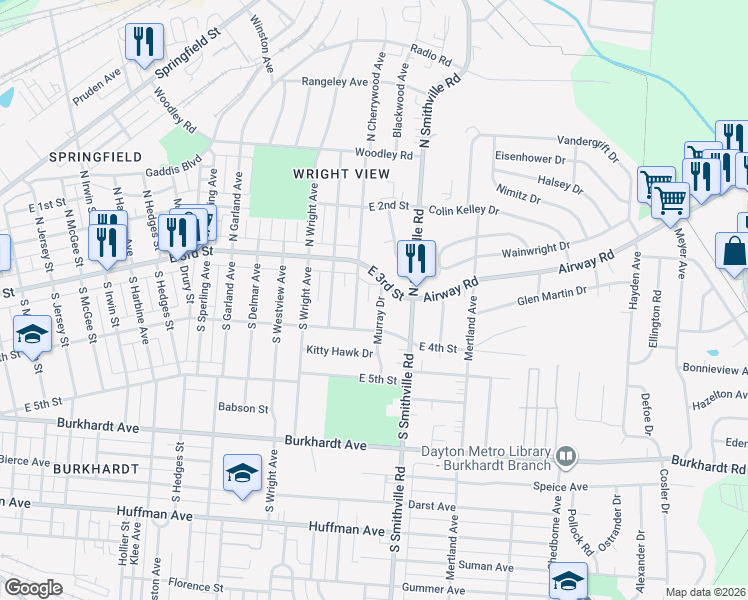 map of restaurants, bars, coffee shops, grocery stores, and more near 29 Murray Drive in Dayton