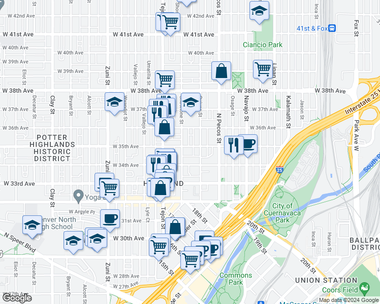 map of restaurants, bars, coffee shops, grocery stores, and more near 1830 West 35th Avenue in Denver
