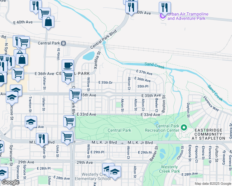 map of restaurants, bars, coffee shops, grocery stores, and more near 8907 East 35th Avenue in Denver