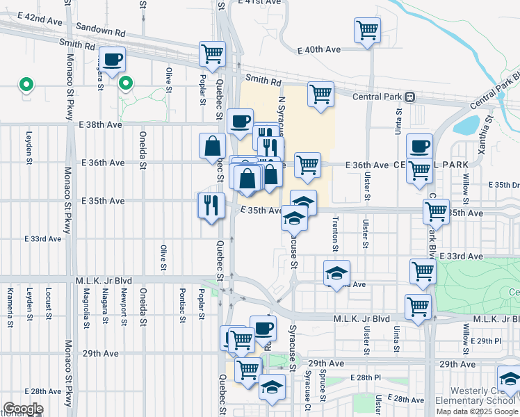 map of restaurants, bars, coffee shops, grocery stores, and more near 7369 East 35th Avenue in Denver