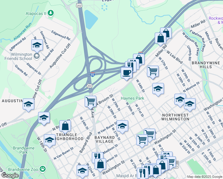map of restaurants, bars, coffee shops, grocery stores, and more near 2901 Baynard Boulevard in Wilmington