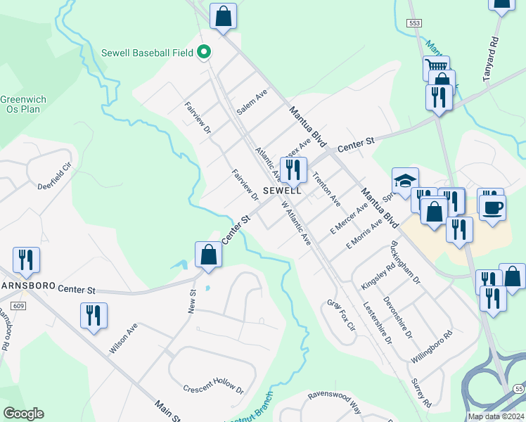 map of restaurants, bars, coffee shops, grocery stores, and more near 221 Center Street in Gloucester County