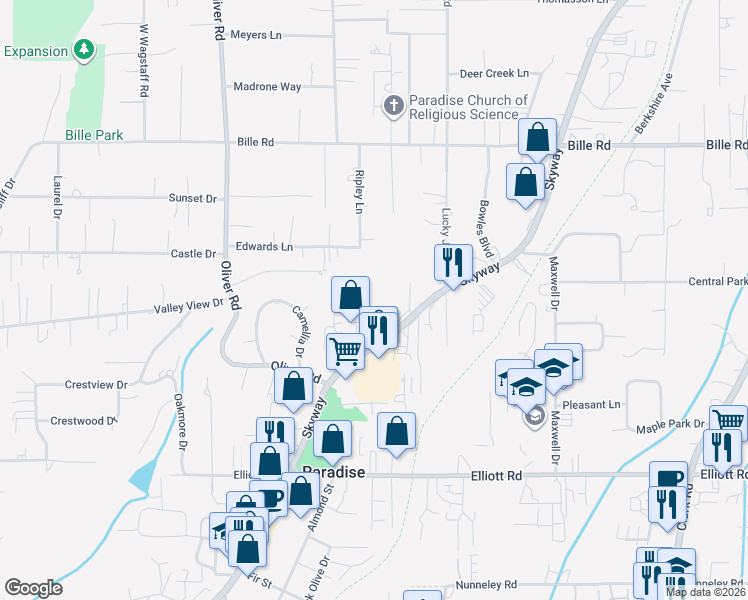 map of restaurants, bars, coffee shops, grocery stores, and more near 6178 Center Street in Paradise