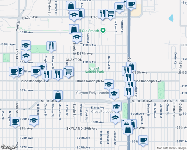 map of restaurants, bars, coffee shops, grocery stores, and more near 3440 Madison Street in Denver