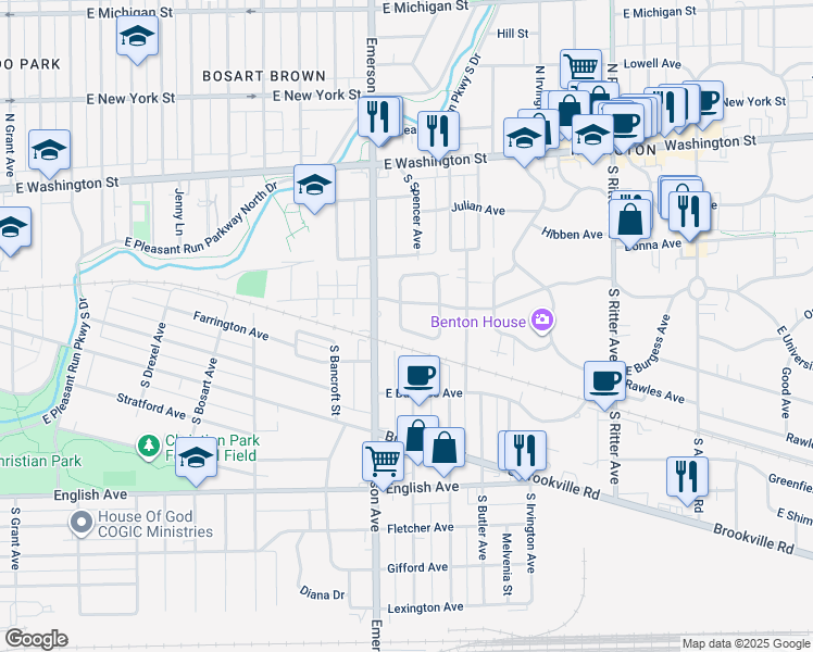map of restaurants, bars, coffee shops, grocery stores, and more near 5143 Atherton South Drive in Indianapolis