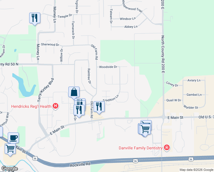 map of restaurants, bars, coffee shops, grocery stores, and more near 264 Sassafras Drive in Danville