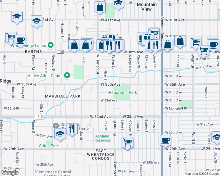 map of restaurants, bars, coffee shops, grocery stores, and more near 5895 West 34th Avenue in Wheat Ridge
