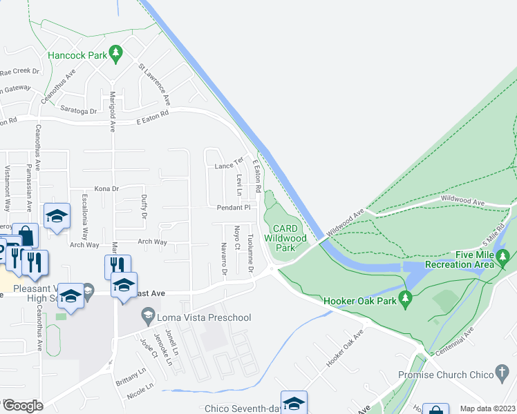 map of restaurants, bars, coffee shops, grocery stores, and more near 3491 East Eaton Road in Chico