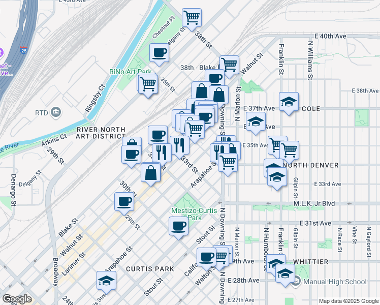 map of restaurants, bars, coffee shops, grocery stores, and more near 3330 Larimer Street in Denver