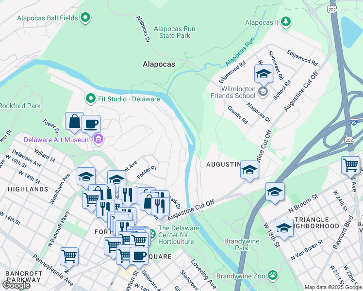 map of restaurants, bars, coffee shops, grocery stores, and more near 200 Mill Road in Wilmington