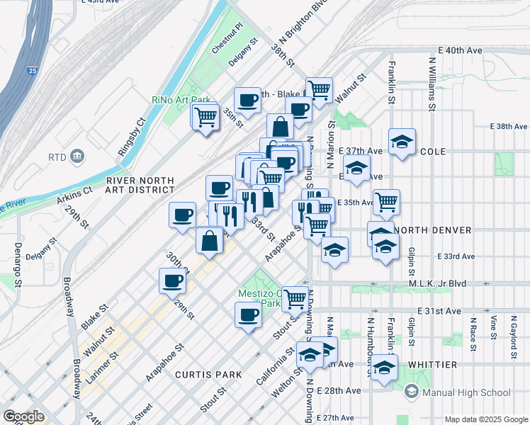 map of restaurants, bars, coffee shops, grocery stores, and more near 3301 Lawrence Street in Denver