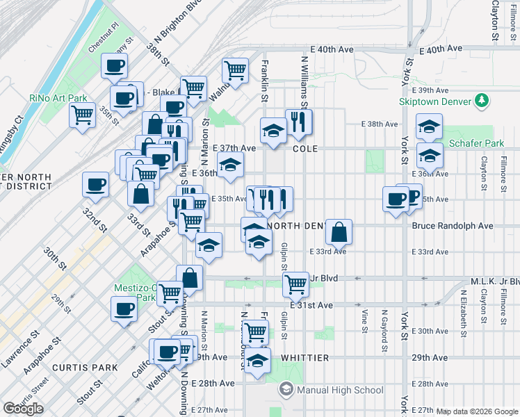 map of restaurants, bars, coffee shops, grocery stores, and more near 3417 Franklin Street in Denver