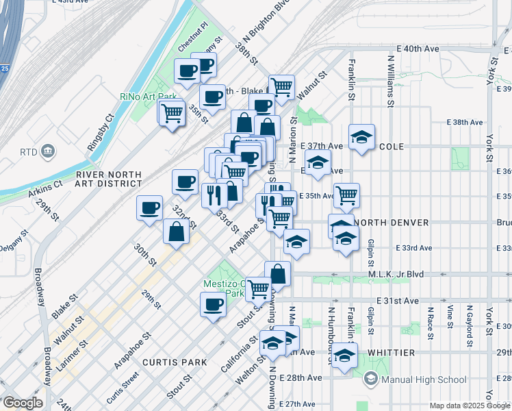map of restaurants, bars, coffee shops, grocery stores, and more near 1180 34th Street in Denver