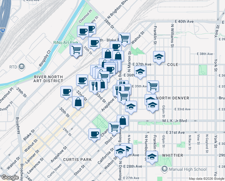 map of restaurants, bars, coffee shops, grocery stores, and more near 1180 34th Street in Denver