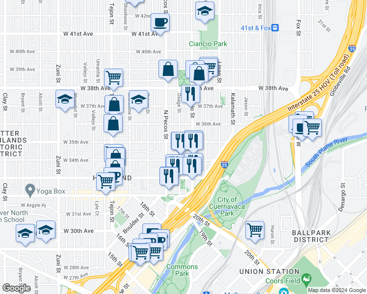 map of restaurants, bars, coffee shops, grocery stores, and more near in Denver