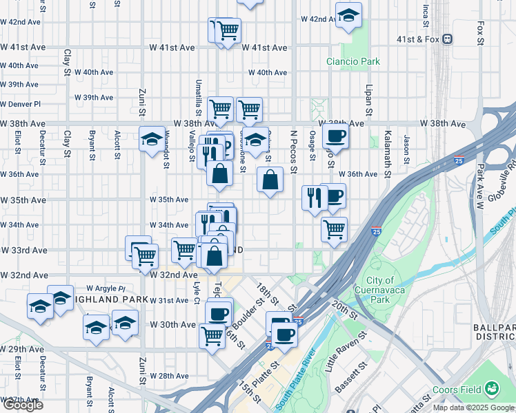 map of restaurants, bars, coffee shops, grocery stores, and more near 1830 West 35th Avenue in Denver