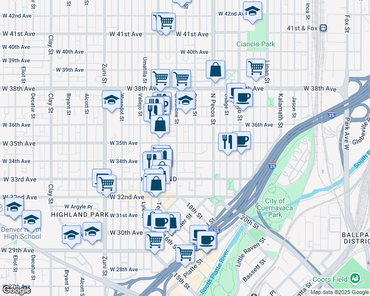 map of restaurants, bars, coffee shops, grocery stores, and more near 1830 West 35th Avenue in Denver
