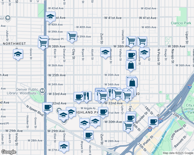 map of restaurants, bars, coffee shops, grocery stores, and more near 3423 Zuni Street in Denver